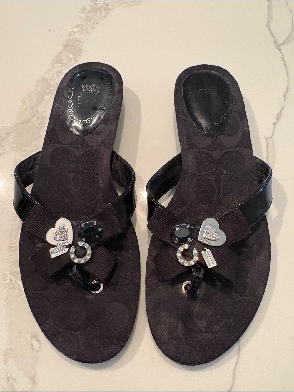Coach Black Heart Charm Embellished Thong Sandals - Womens